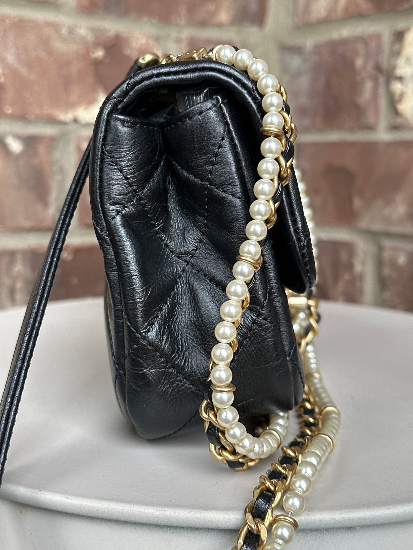 Chanel Crystal Pearls Chain Flap Bag Quilted Calfskin Small 32256