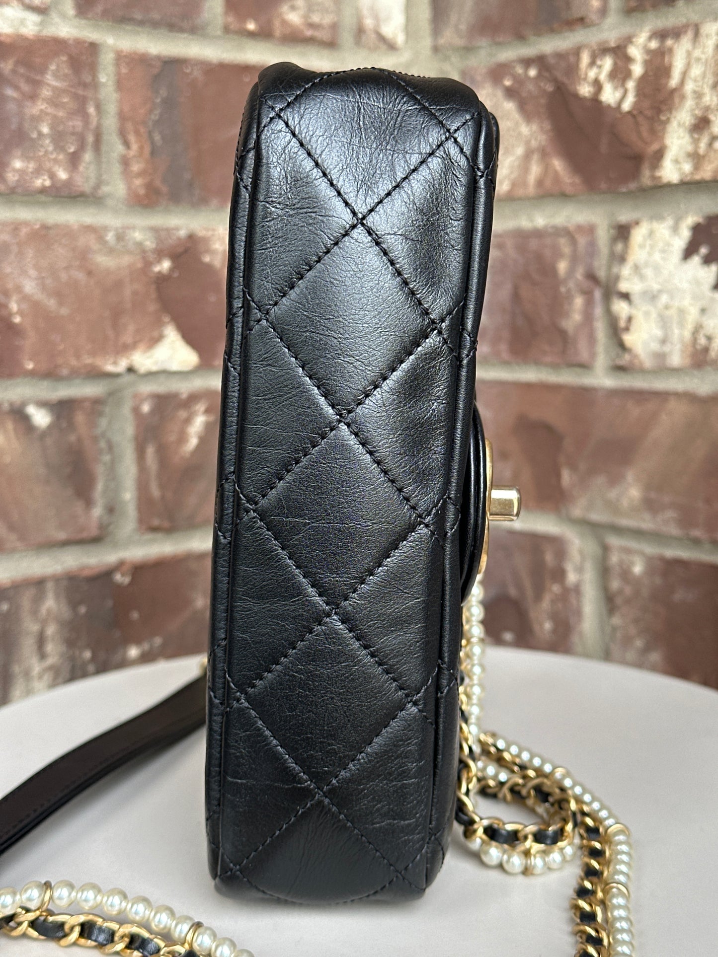 Chanel Crystal Pearls Chain Flap Bag Quilted Calfskin Small 32256