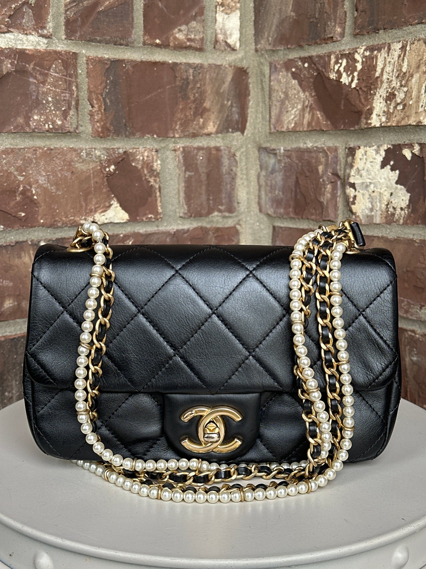 Chanel Crystal Pearls Chain Flap Bag Quilted Calfskin Small 32256