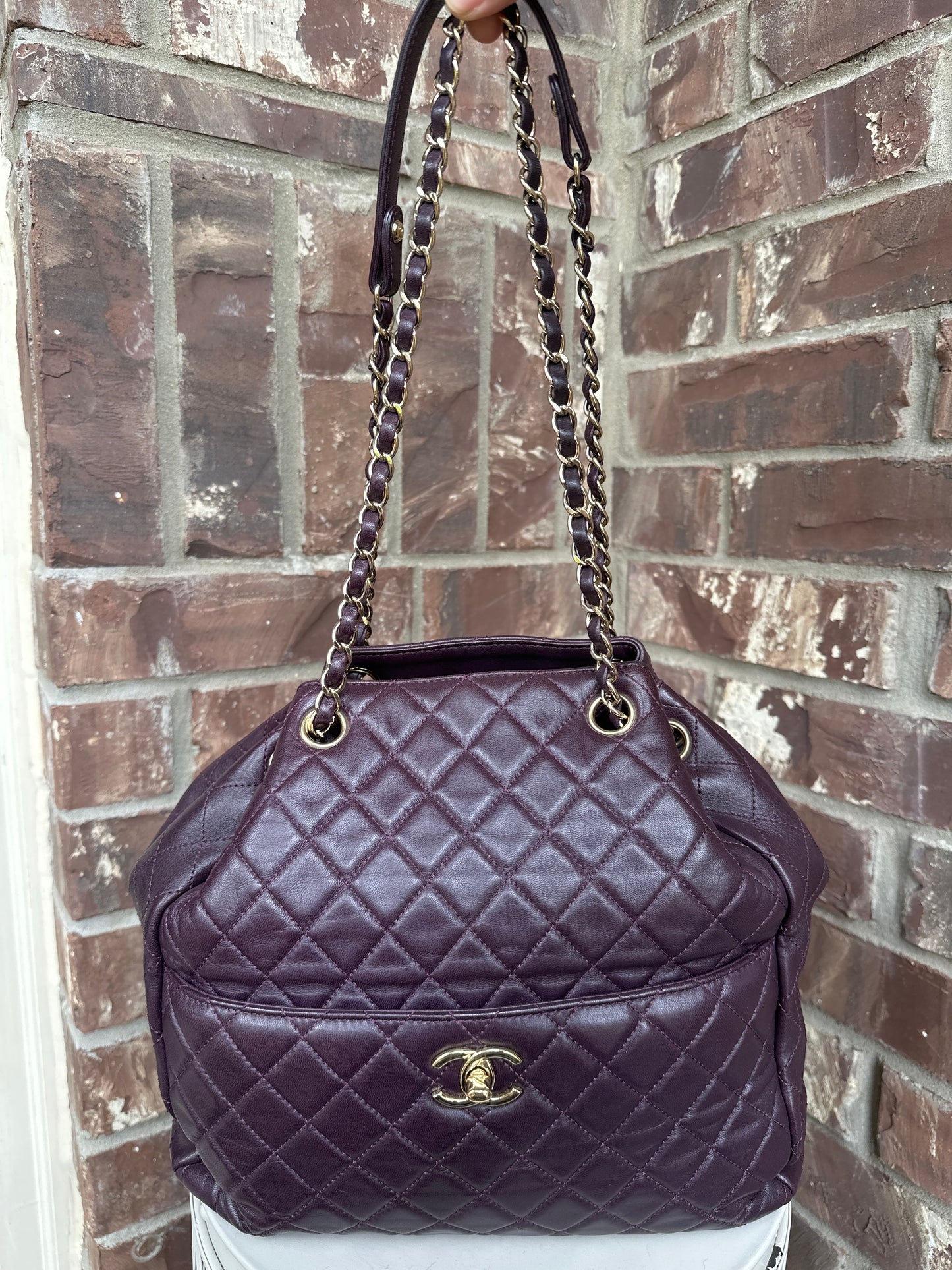 Chanel Drawstring CC Lock Medium Bucket Bag Quilted Lambskin 79898