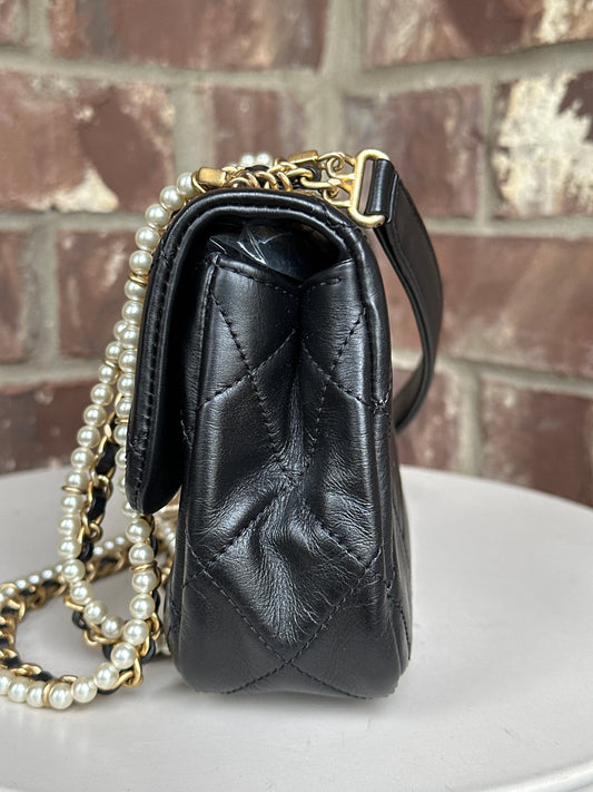 Chanel Crystal Pearls Chain Flap Bag Quilted Calfskin Small 32256