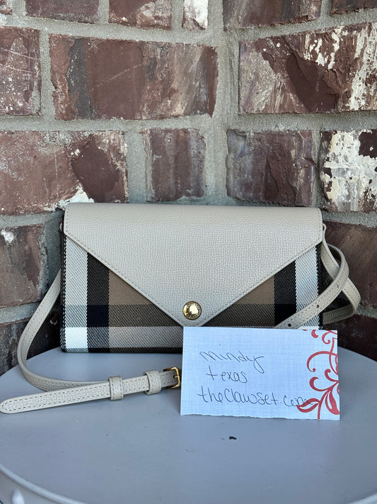 Burberry Hannah Envelope Wallet on Strap Leather and House Check Canvas 68906
