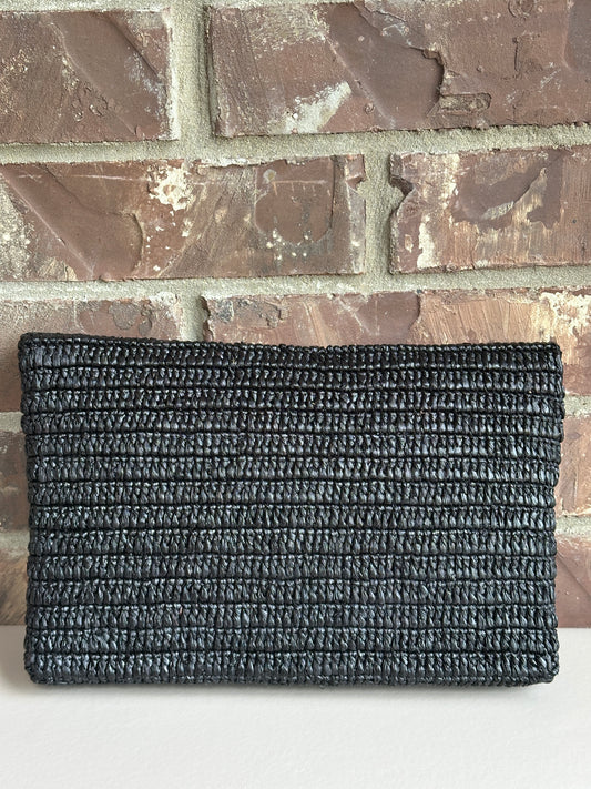 Saint Laurent Cassandre Envelope Clutch Raffia Large Black 42532