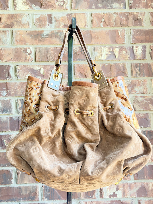 Louis Vuitton Irene Handbag Monogram Embossed Suede and Patent Tan 23485