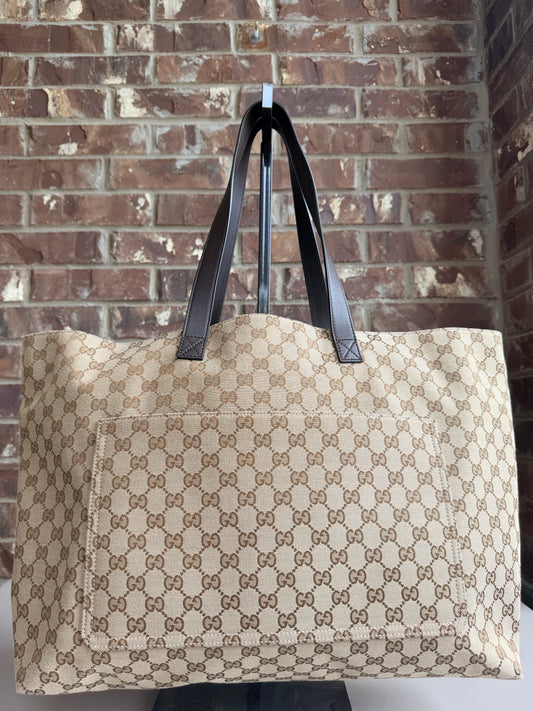 Gucci Front Pocket Debossed Logo Tote GG Canvas Large Brown 84843