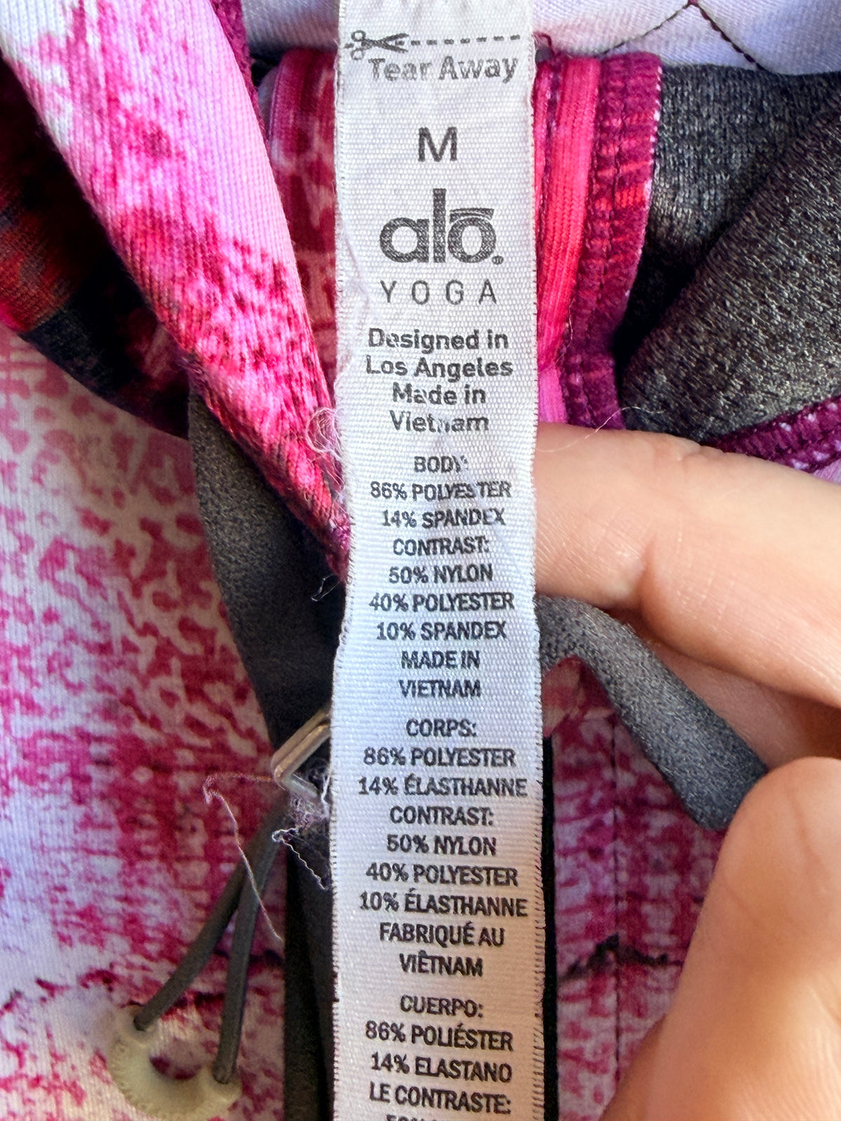 Alo Yoga Women's Medium Pink White Gray Abstract Print Full Zip Hooded Jacket