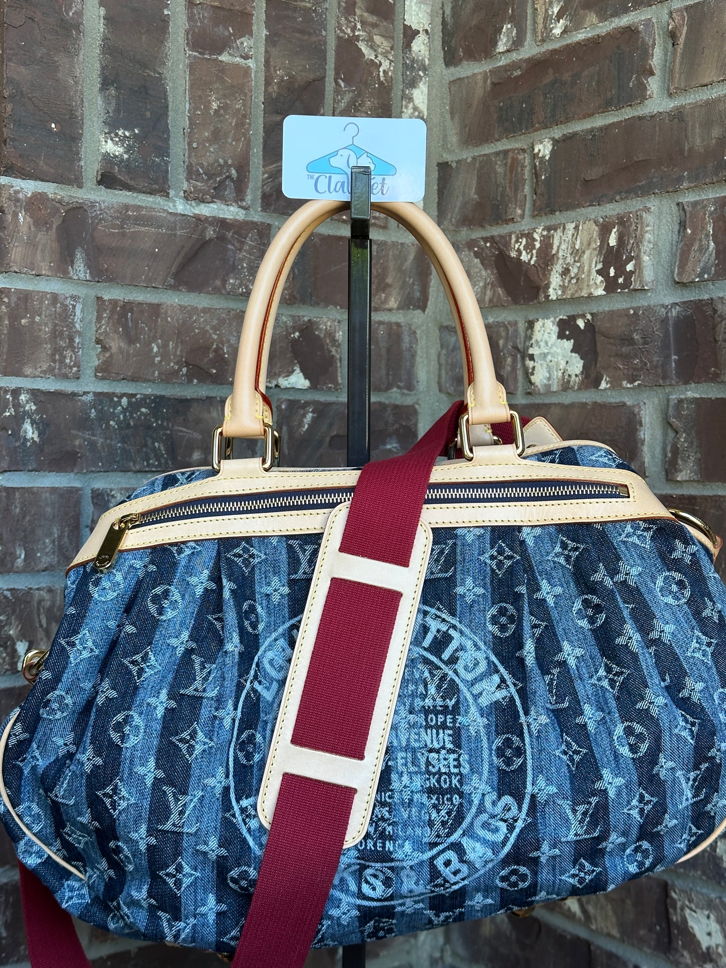Louis Vuitton Porte Epaule Raye Handbag Striped Denim GM 65673