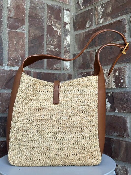 Saint Laurent Le 5 a 7 Supple Hobo Raffia and Leather Small Tan 31165