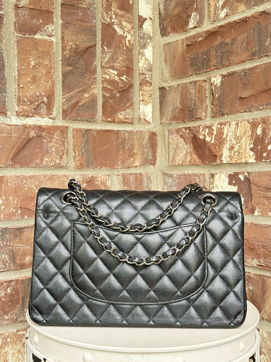 Chanel Classic Double Flap Bag Quilted Iridescent Caviar Medium Black 82735
