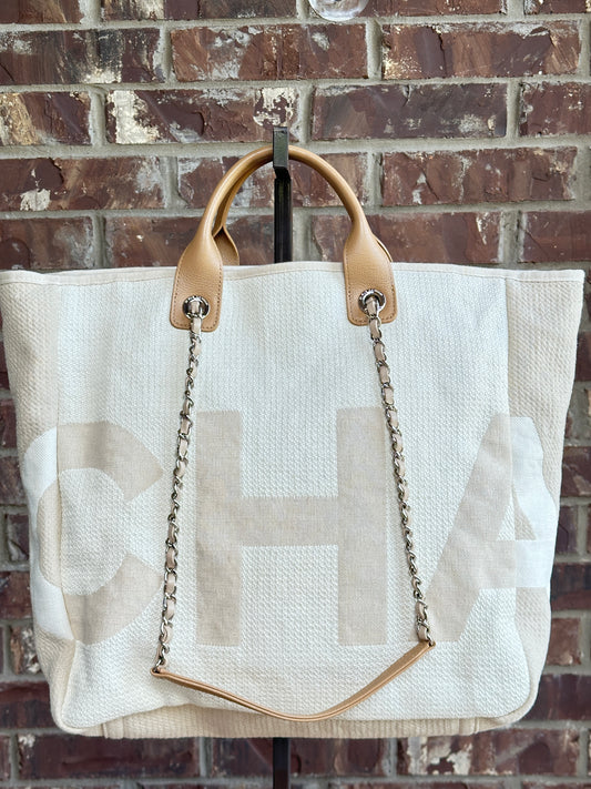 Chanel Deauville Logo Shopping Tote Printed Raffia Large Cream 96524