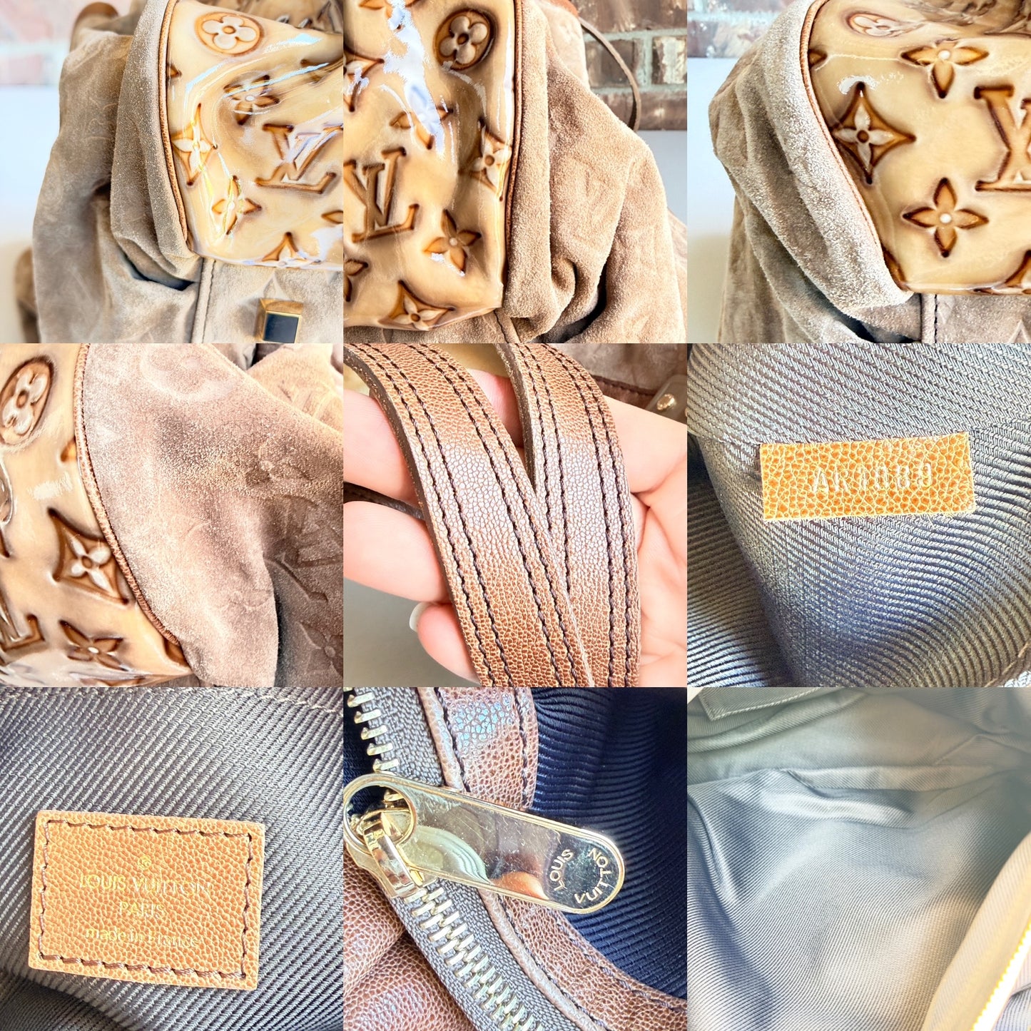 Louis Vuitton Irene Handbag Monogram Embossed Suede and Patent Tan 23485