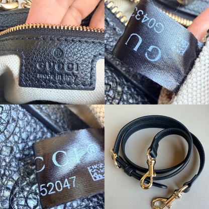 Gucci Emblem Half Moon Shoulder Bag GG Embossed Leather Large	Black 96549
