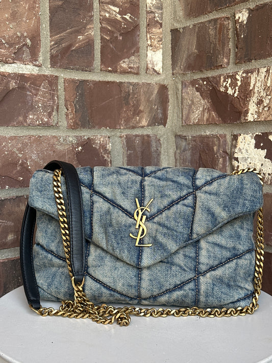 Saint Laurent Loulou Puffer Shoulder Bag Quilted Vintage Denim - Mini 75654