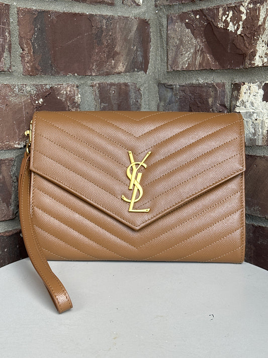 Saint Laurent Classic Monogram Envelope Wristlet Clutch Matelasse Chevron Leather 43566