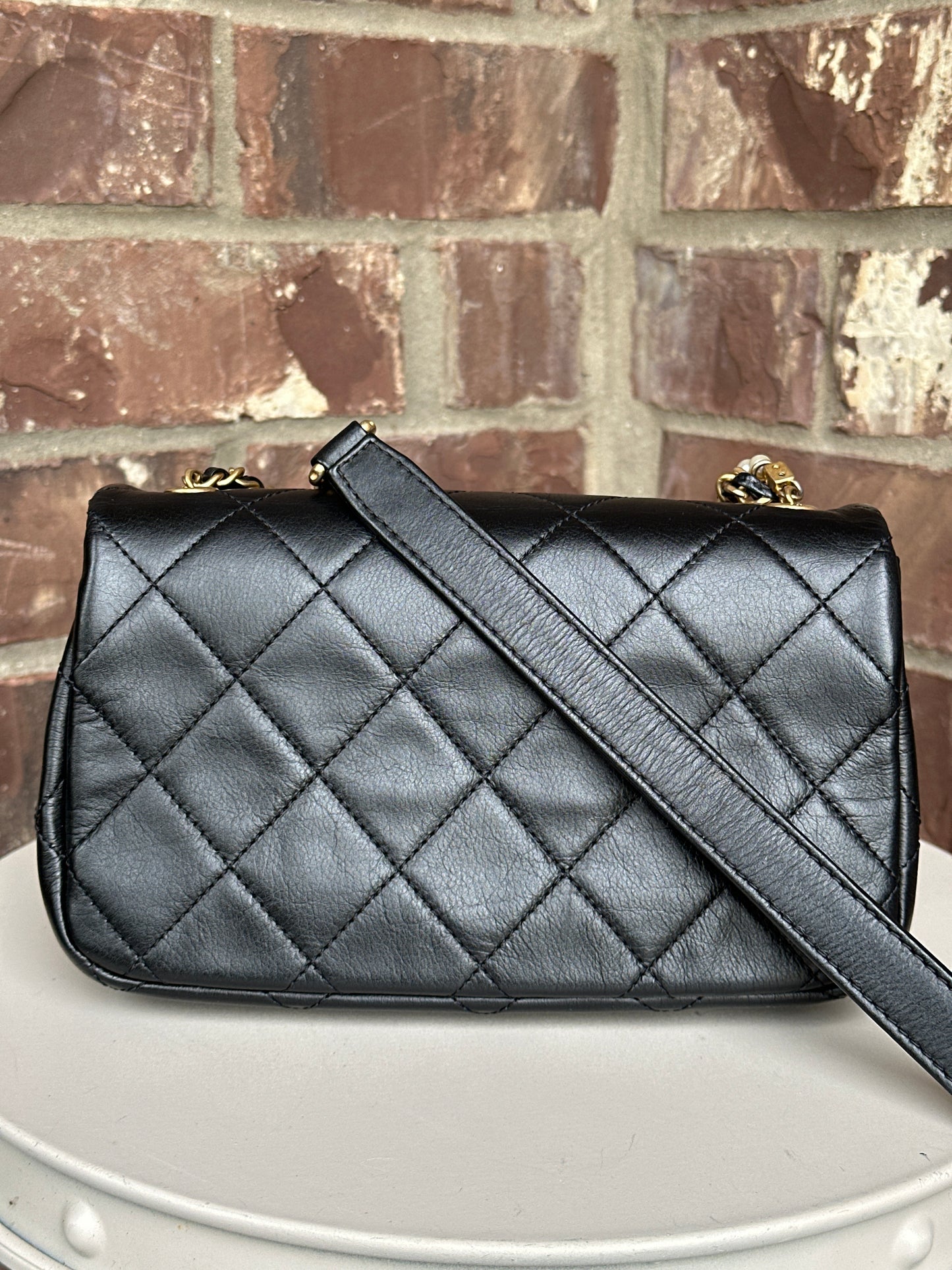 Chanel Crystal Pearls Chain Flap Bag Quilted Calfskin Small 32256