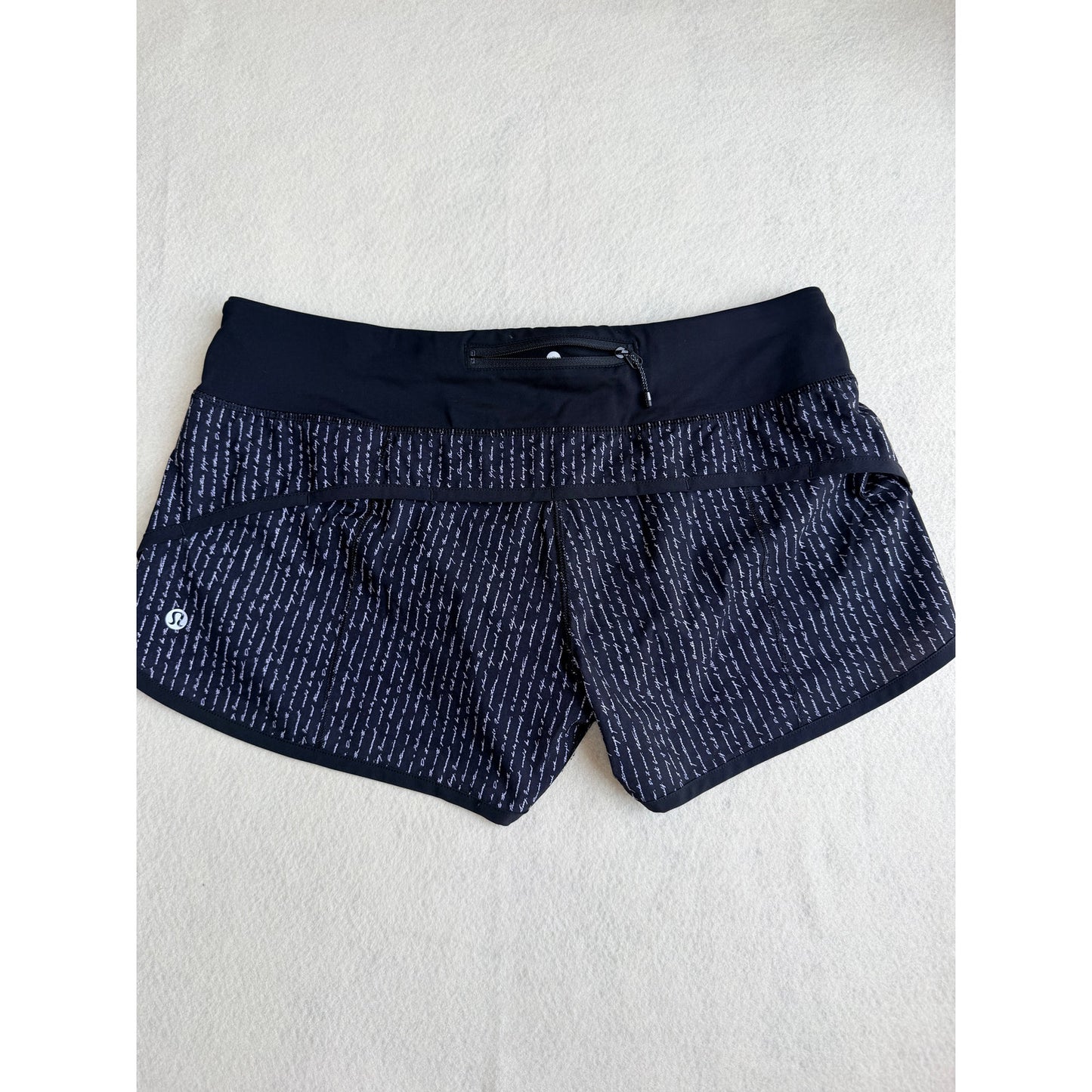 Lululemon Speed Shorts Size 8 Black White Manifesto Script Print Running
