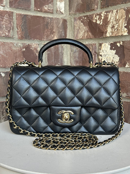 Chanel Classic Single Flap Top Handle Bag Quilted Lambskin Mini 51134