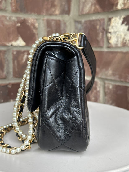 Chanel Crystal Pearls Chain Flap Bag Quilted Calfskin Small 32256