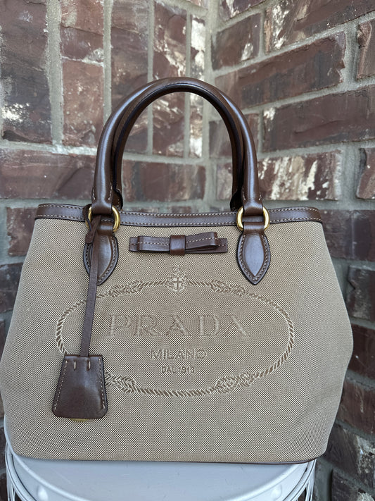 Prada Logo Convertible Zip Tote Canvas with Leather Small