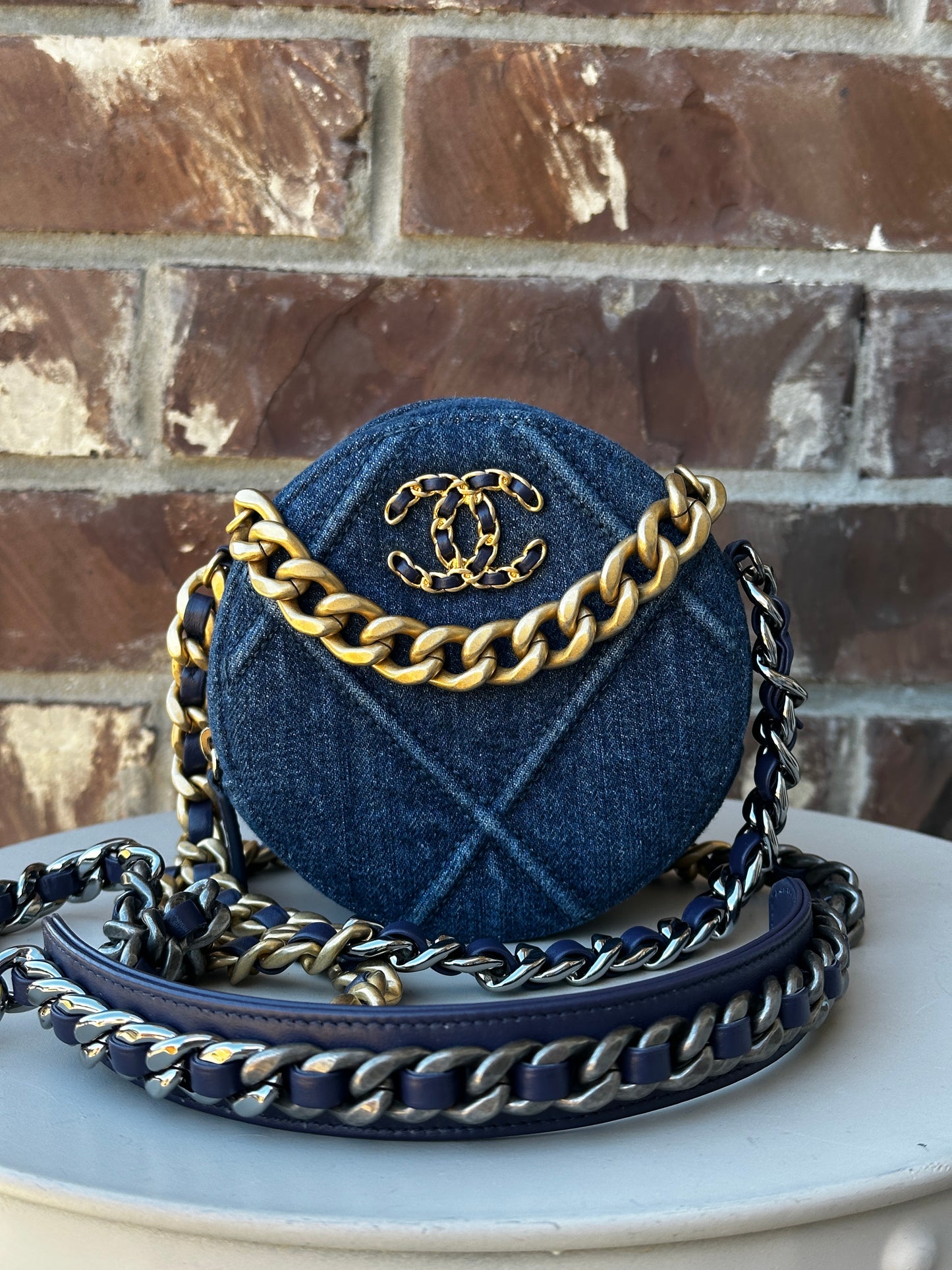 Chanel 19 Round Clutch with Chain Quilted Denim 42253
