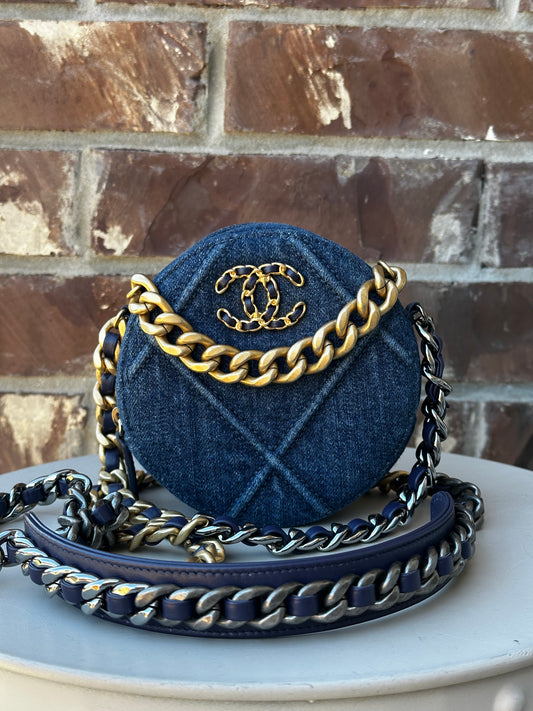 Chanel 19 Round Clutch with Chain Quilted Denim 42253
