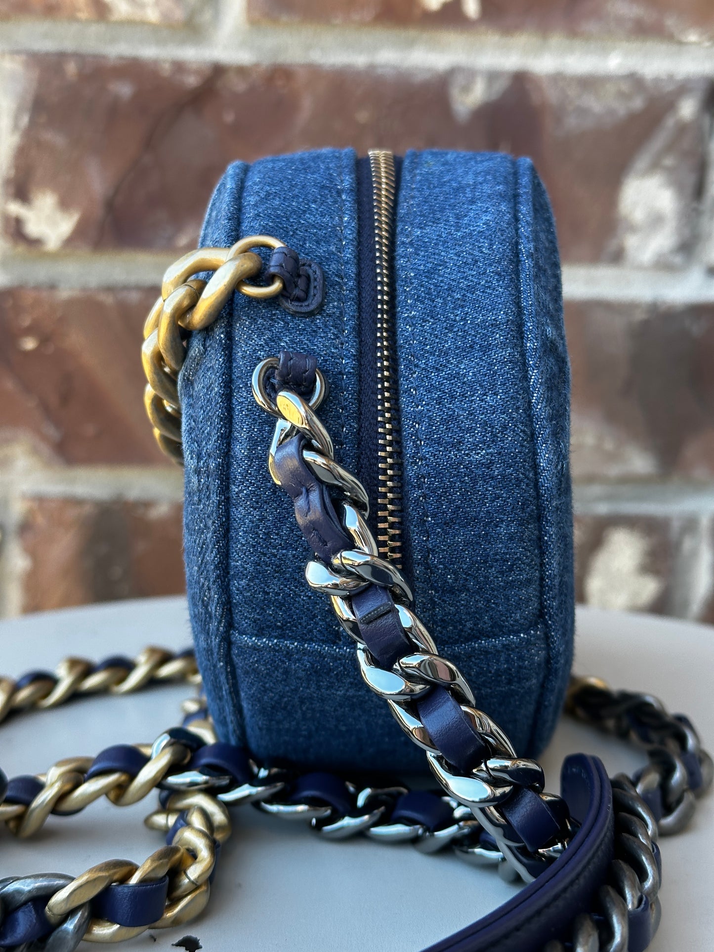 Chanel 19 Round Clutch with Chain Quilted Denim 42253