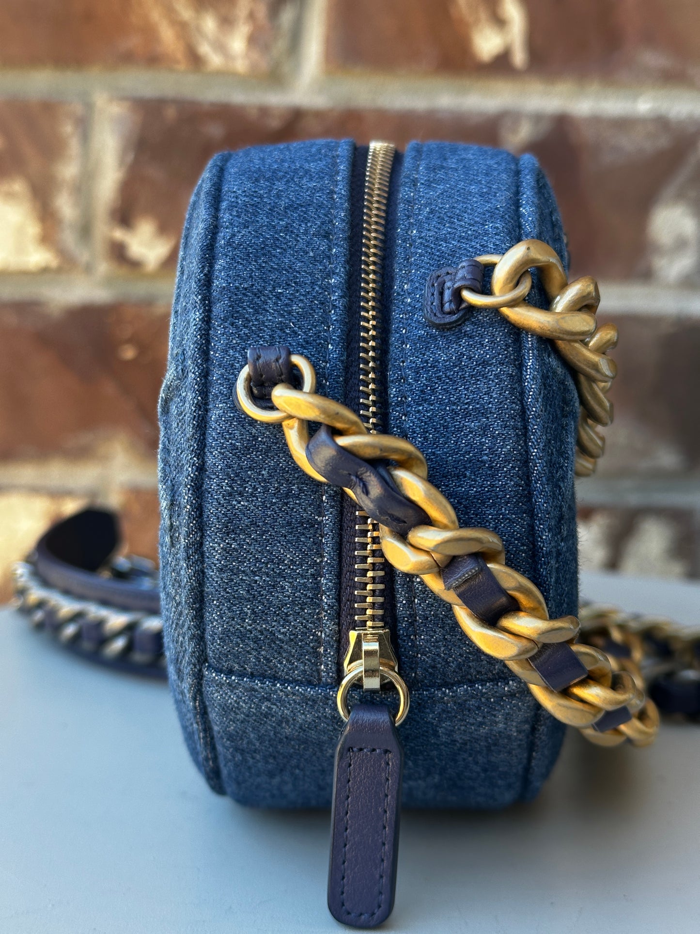 Chanel 19 Round Clutch with Chain Quilted Denim 42253