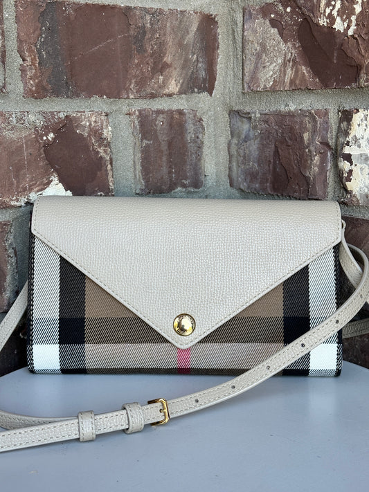 Burberry Hannah Envelope Wallet on Strap Leather and House Check Canvas 68906