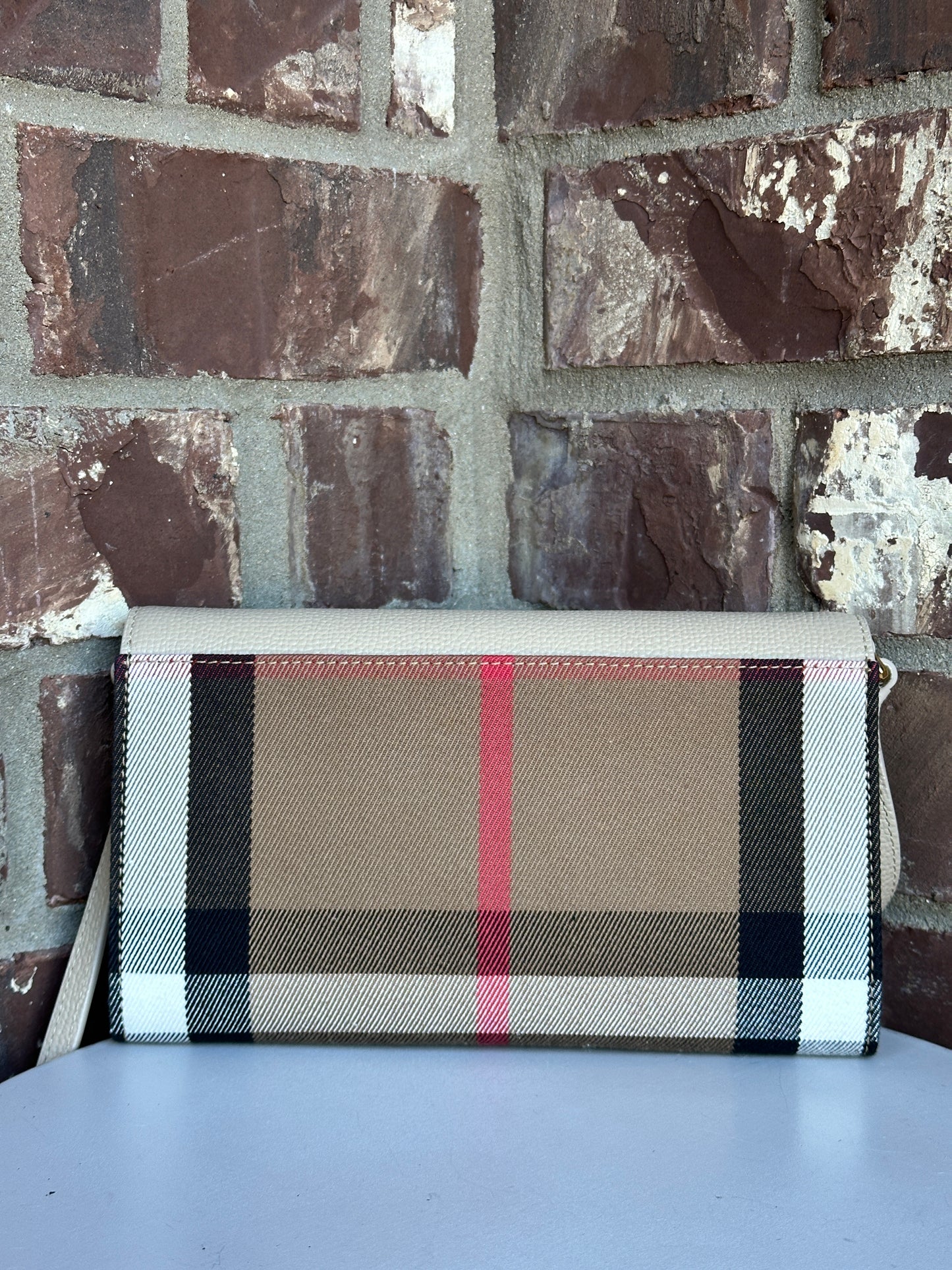 Burberry Hannah Envelope Wallet on Strap Leather and House Check Canvas 68906