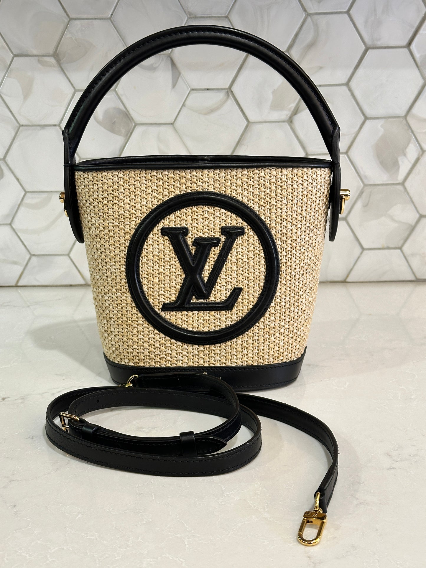 Louis Vuitton Petit Bucket NM Bag Raffia with Leather 64118