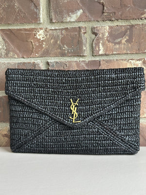 Saint Laurent Cassandre Envelope Clutch Raffia Large Black 42532