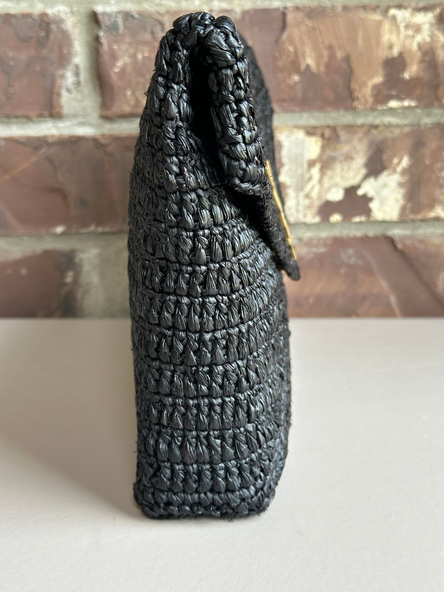 Saint Laurent Cassandre Envelope Clutch Raffia Large Black 42532