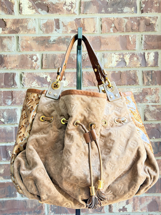Louis Vuitton Irene Handbag Monogram Embossed Suede and Patent Tan 23485
