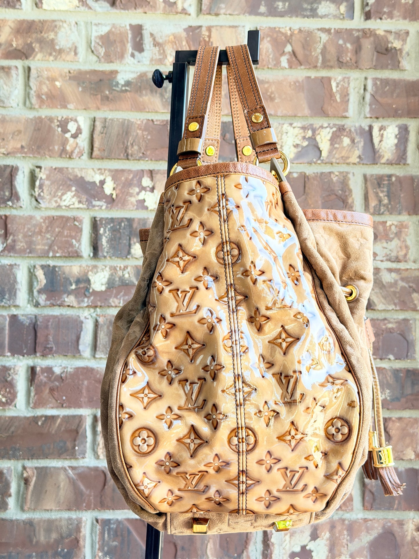 Louis Vuitton Irene Handbag Monogram Embossed Suede and Patent Tan 23485