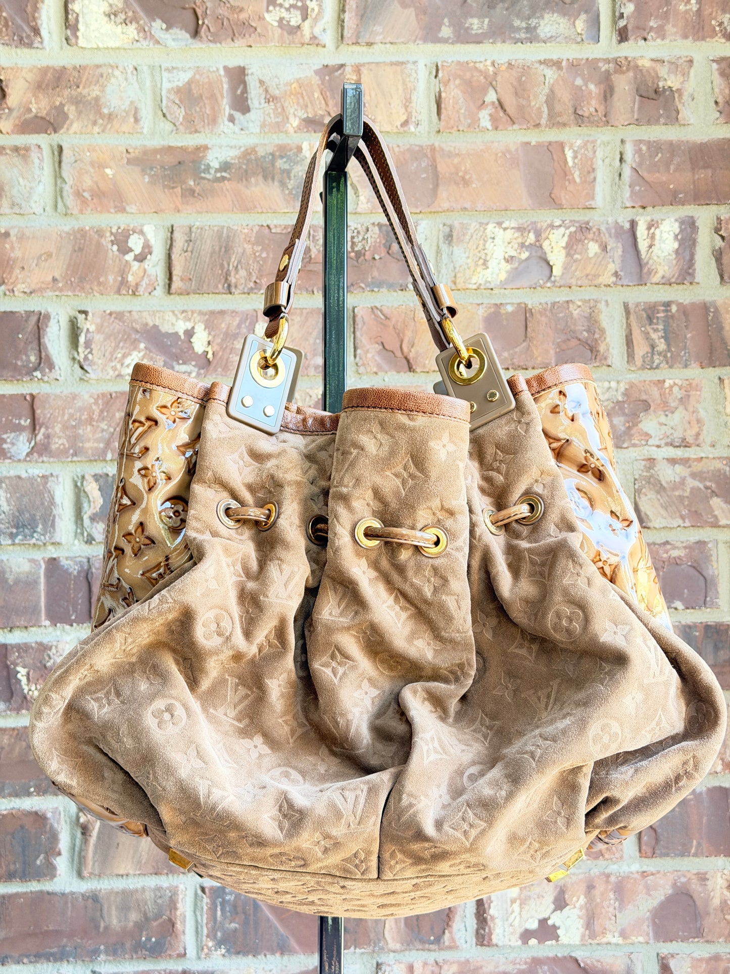 Louis Vuitton Irene Handbag Monogram Embossed Suede and Patent Tan 23485