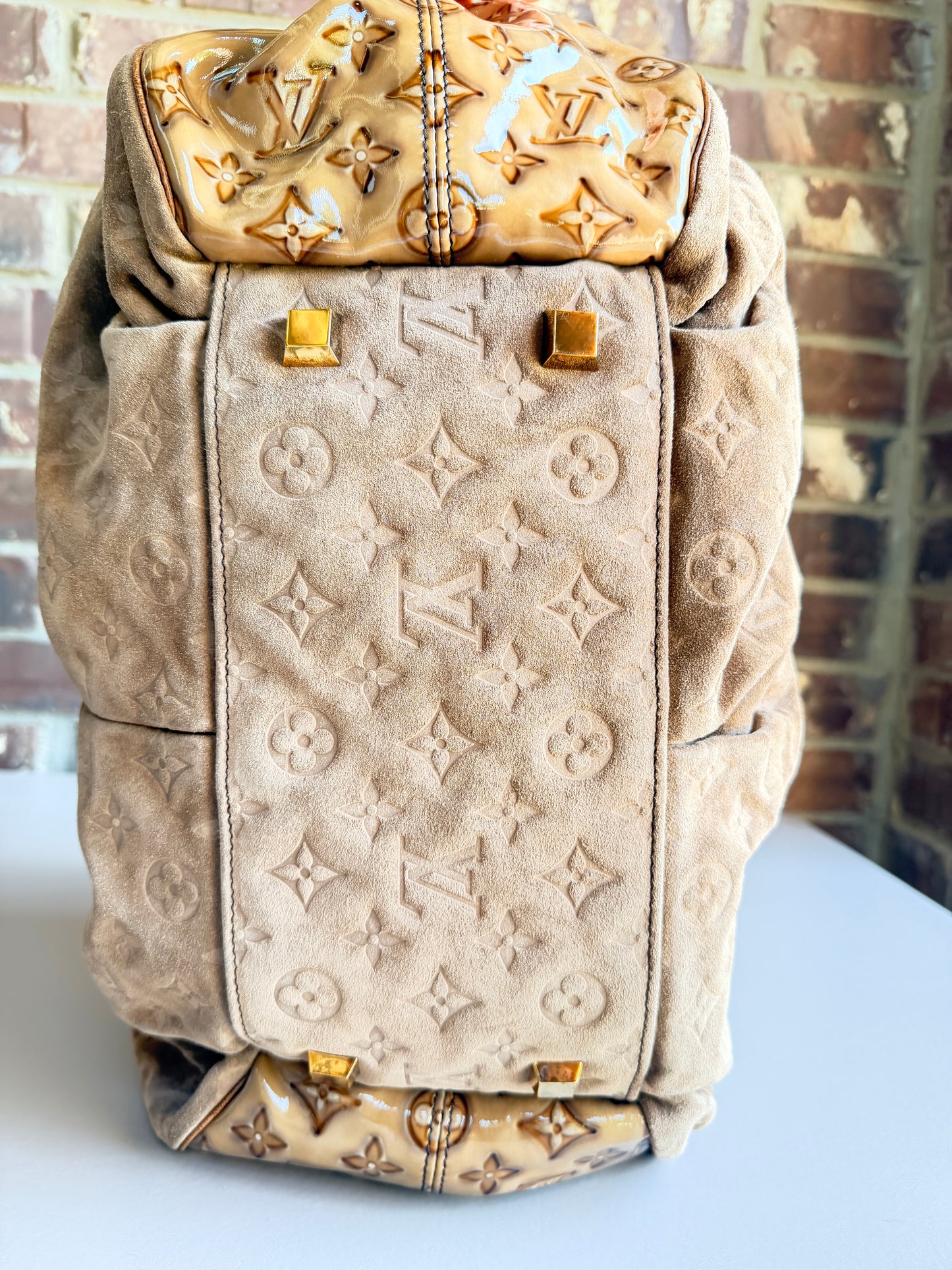 Louis Vuitton Irene Handbag Monogram Embossed Suede and Patent Tan 23485