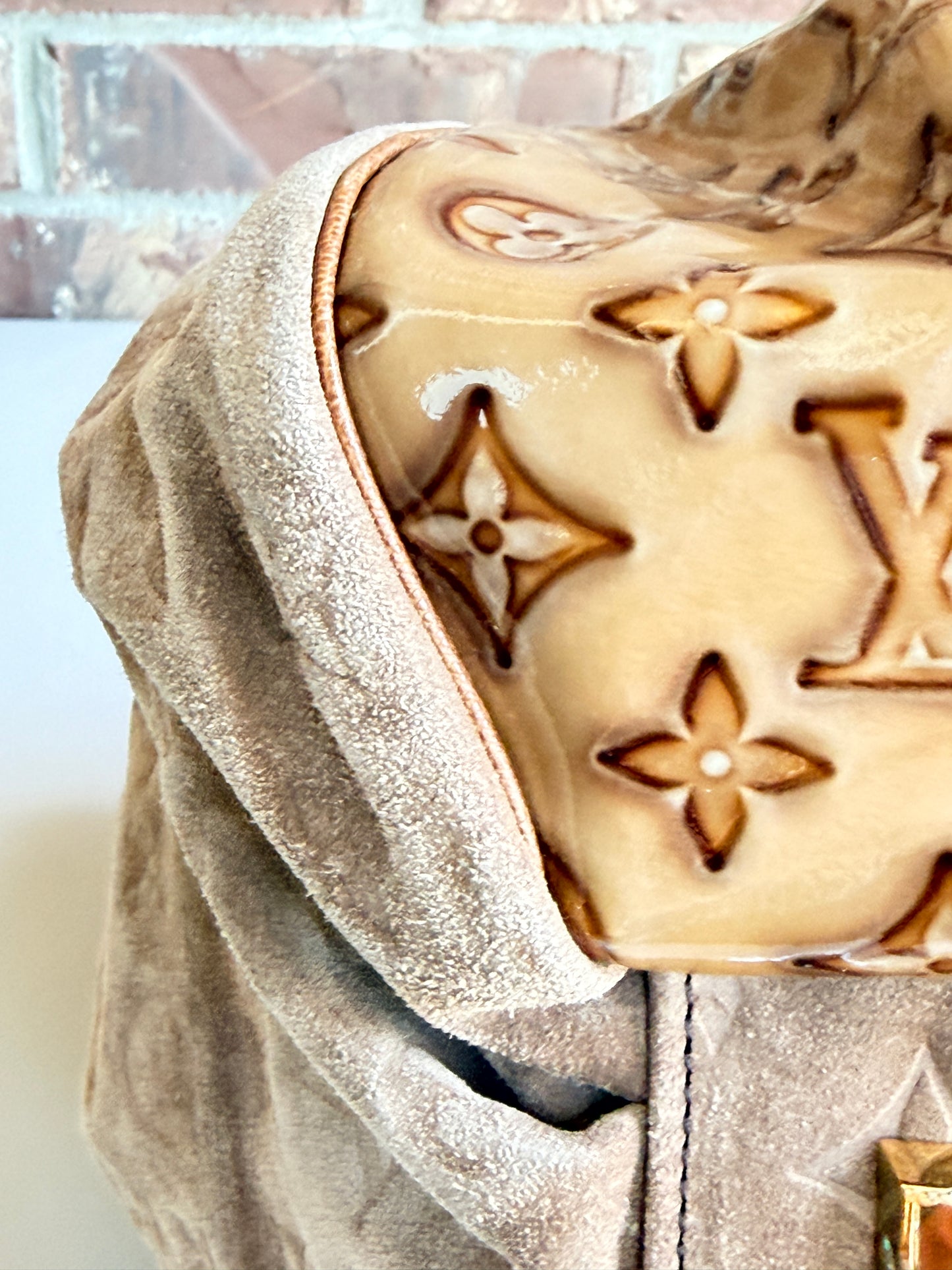 Louis Vuitton Irene Handbag Monogram Embossed Suede and Patent Tan 23485