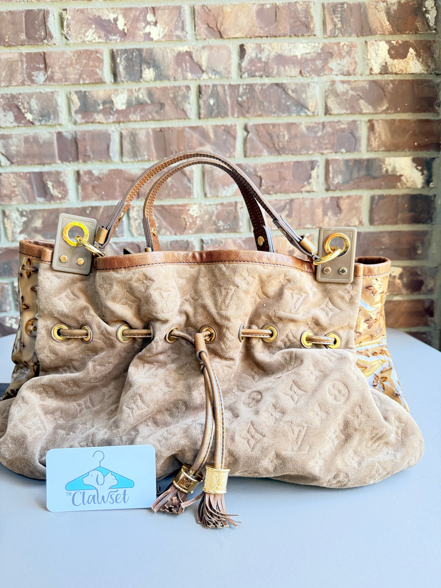 Louis Vuitton Irene Handbag Monogram Embossed Suede and Patent Tan 23485