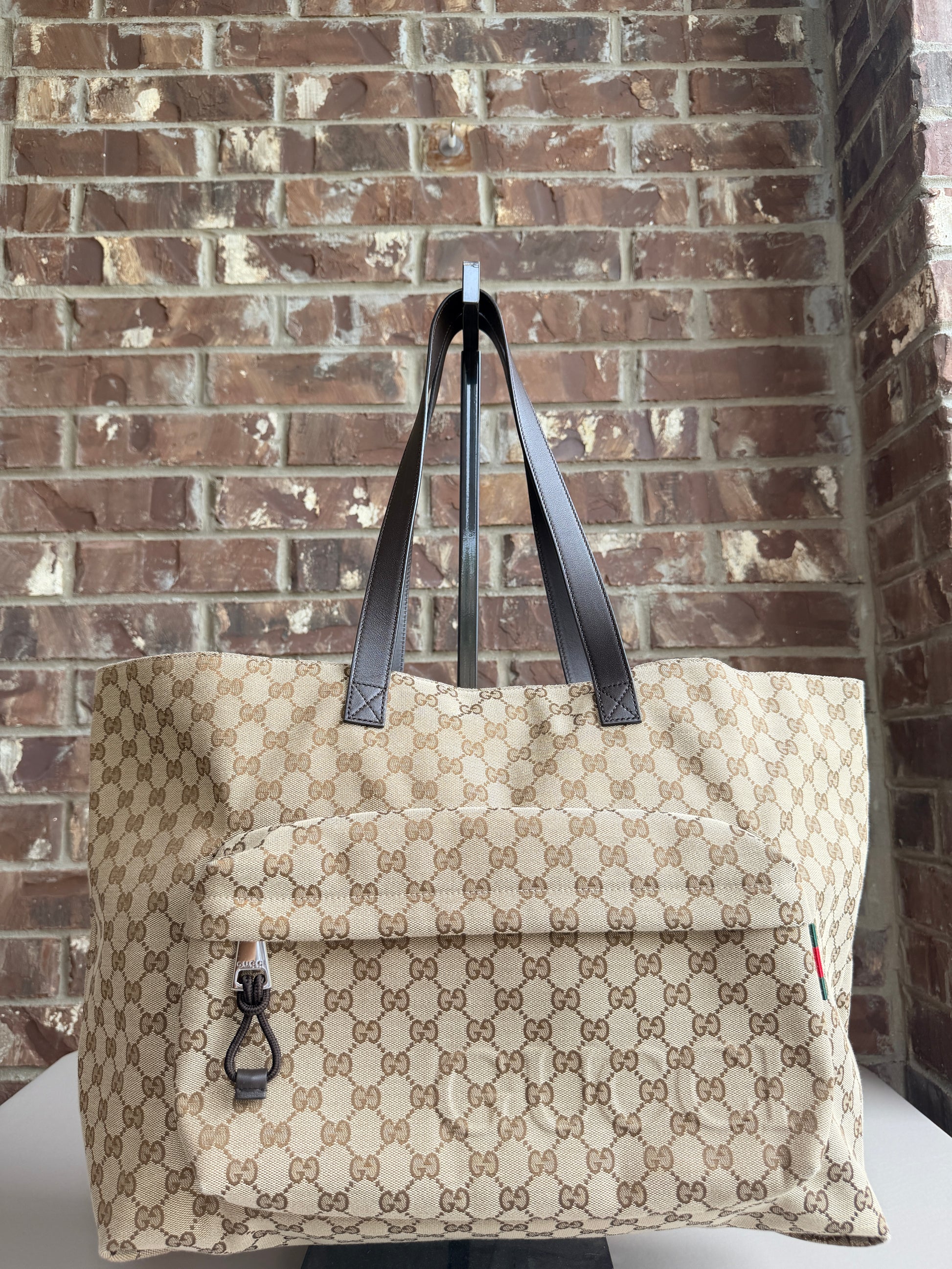 Gucci Front Pocket Debossed Logo Tote GG Canvas Large Brown 84843