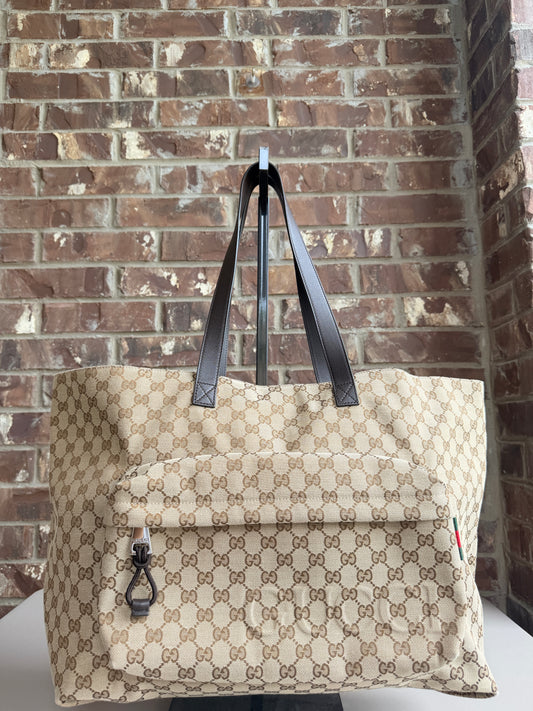 Gucci Front Pocket Debossed Logo Tote GG Canvas Large Brown 84843