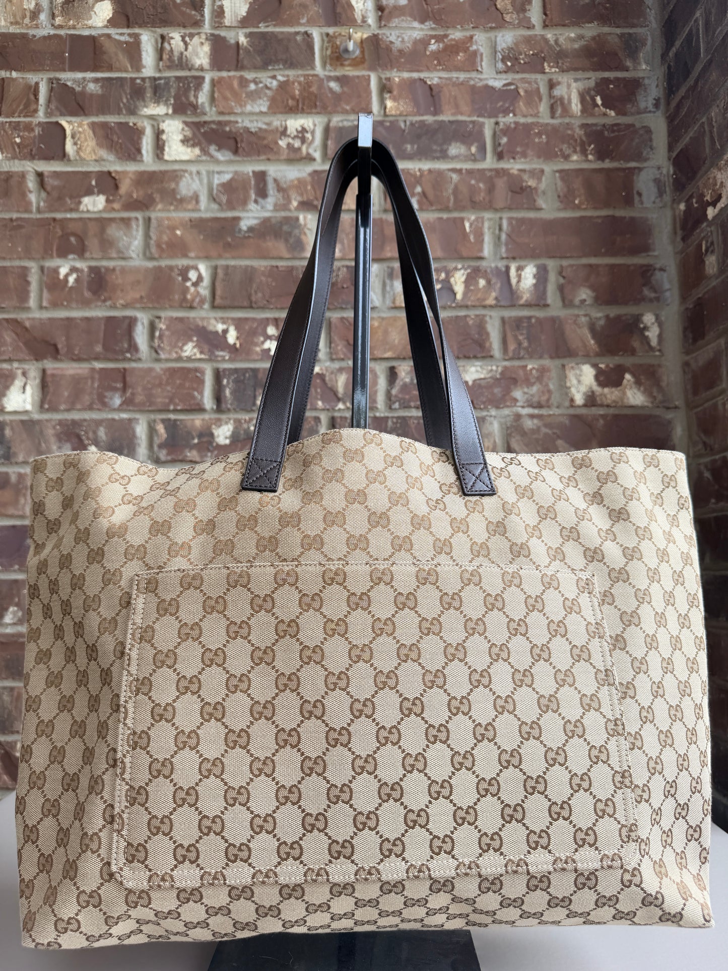 Gucci Front Pocket Debossed Logo Tote GG Canvas Large Brown 84843