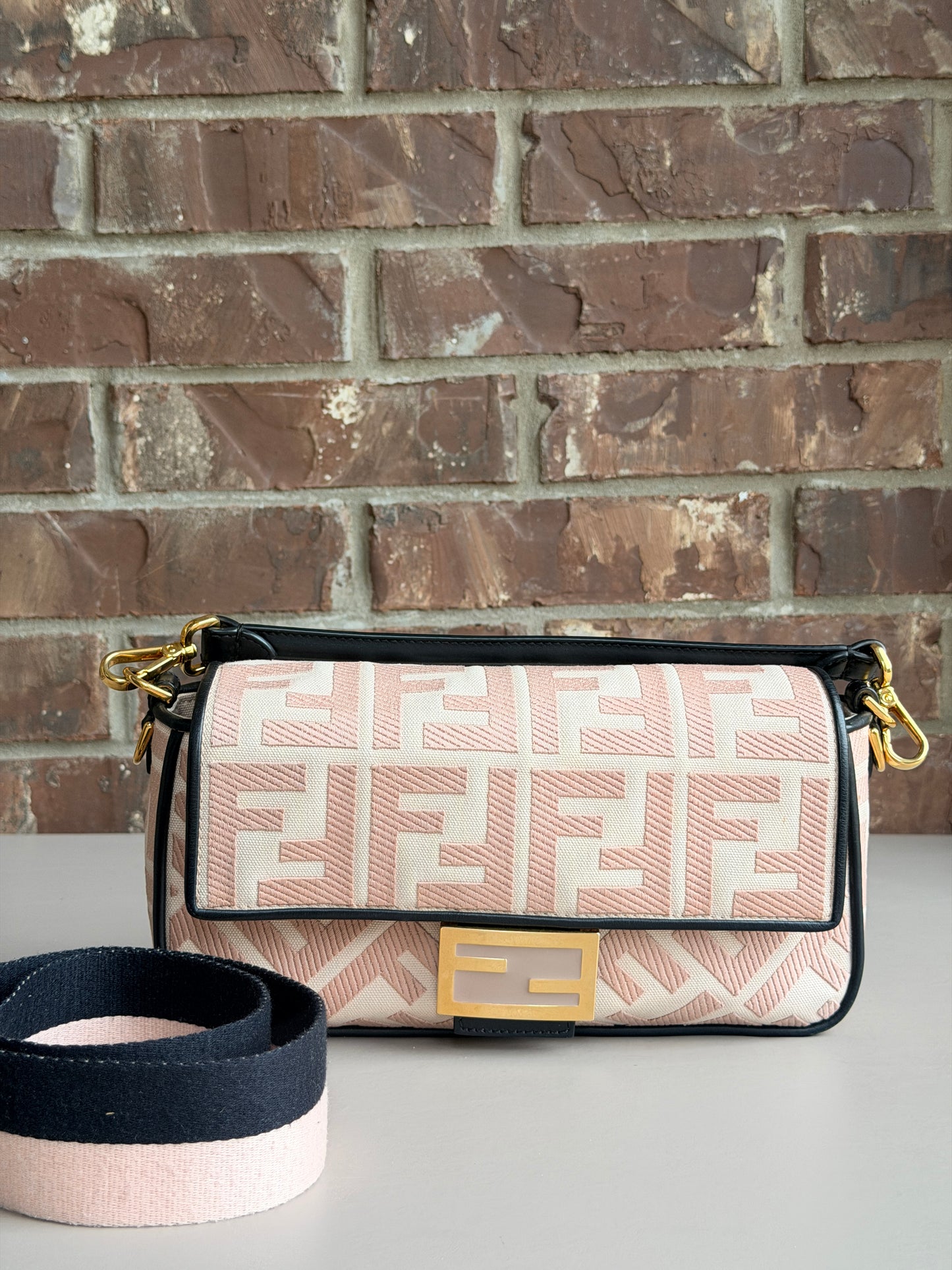 Fendi Baguette Zucca Embroidered Canvas Medium Pink 83746