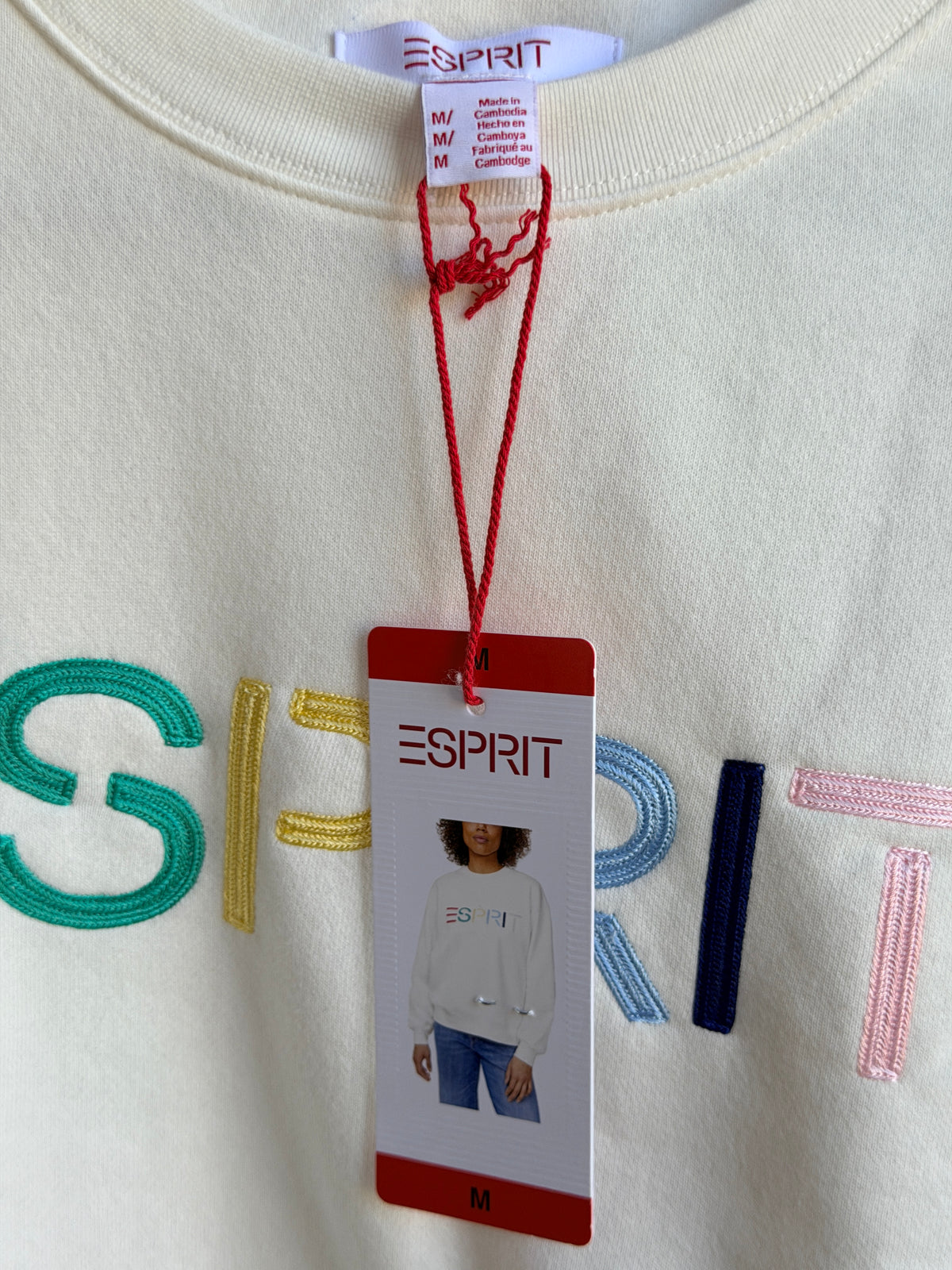 NWT Esprit Women's Logo Fleece Crewneck Sweatshirt M Ivory Multicolor Embroidered