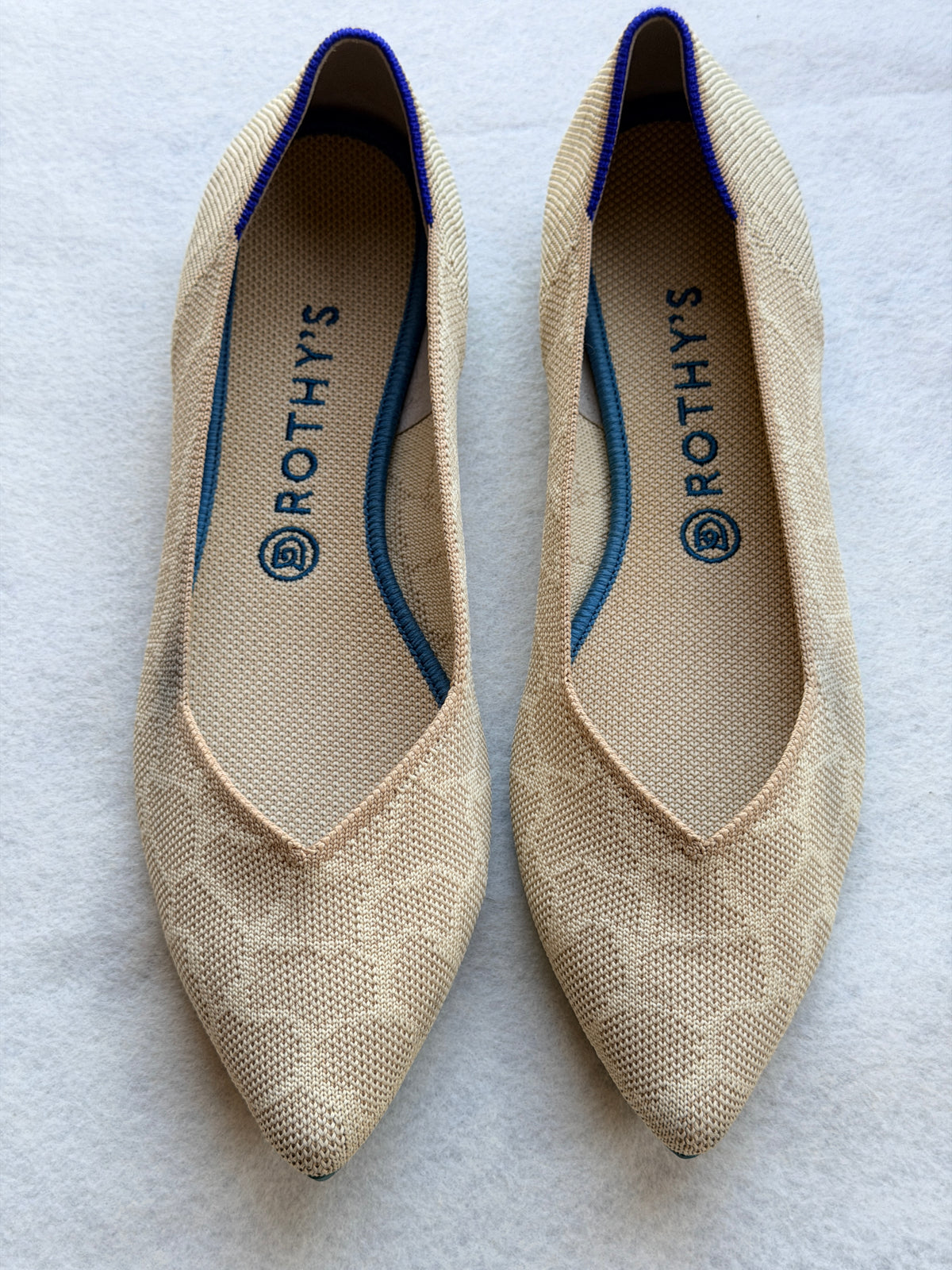 Rothy's The Point Women's Size 11 Beige Tan Blue Trim Knit Pointed Toe Flats