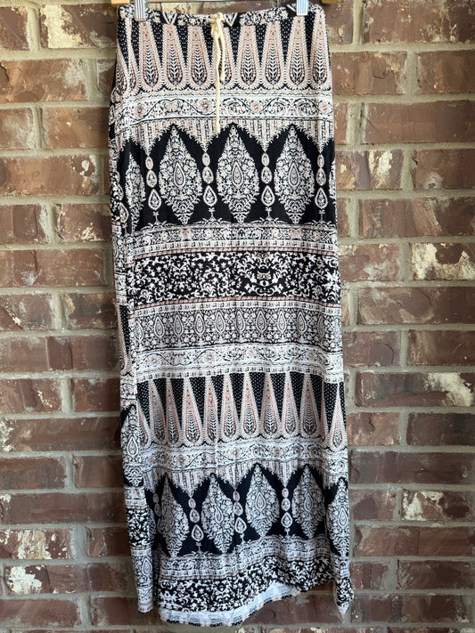 Bobeau Women's Small Black Tan Paisley Print Maxi Skirt Drawstring