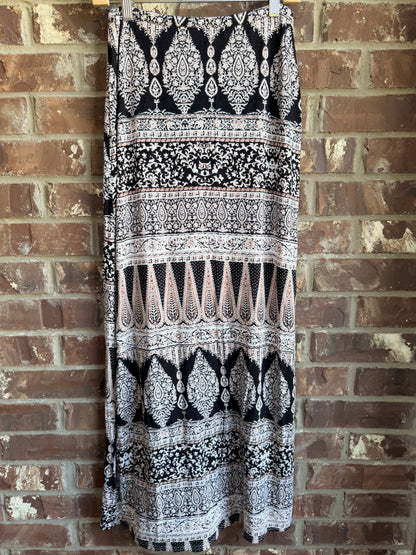 Bobeau Women's Small Black Tan Paisley Print Maxi Skirt Drawstring