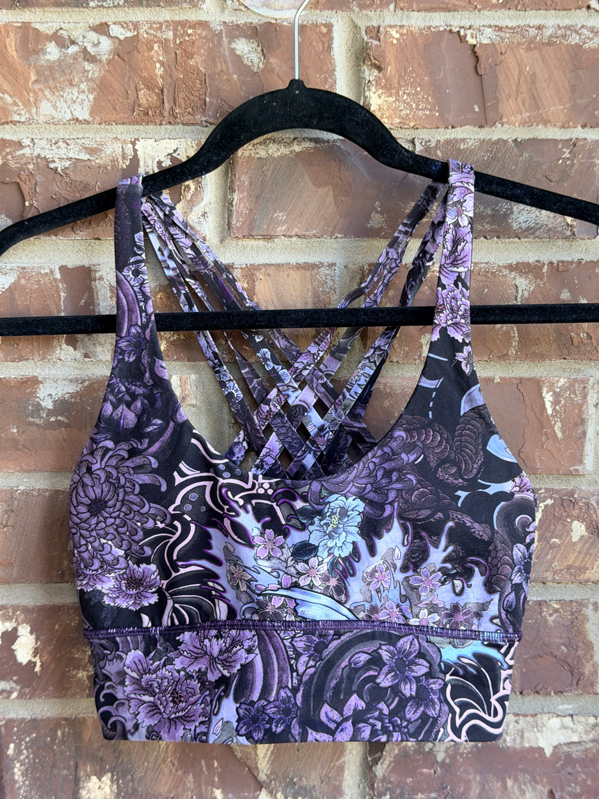 Lululemon Energy Bra Size 8 Purple Black Floral Strappy Sports Bra