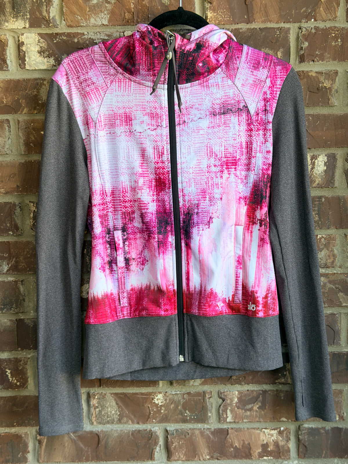 Alo Yoga Women's Medium Pink White Gray Abstract Print Full Zip Hooded Jacket