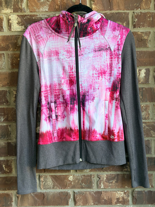 Alo Yoga Women's Medium Pink White Gray Abstract Print Full Zip Hooded Jacket