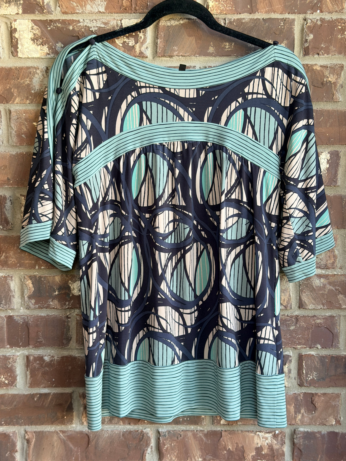 BCBGMAXAZRIA Women's Small Abstract Geometric Print 3/4 Sleeve Tunic Top Blouse